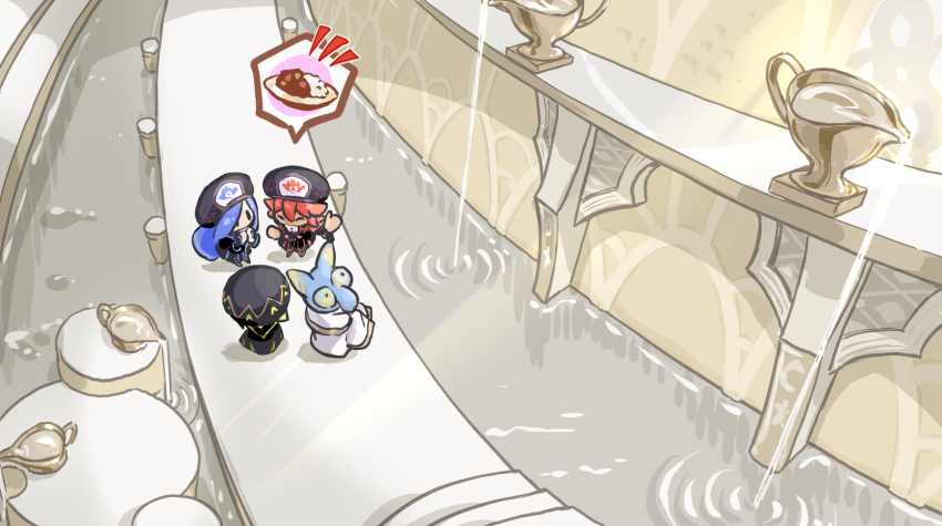 3girls blue_hair curry flamberge_(kirby) food fountain francisca_(kirby) hosikuzubosi_(avvf2277) hyness in-universe_location kirby_(series) kirby_star_allies multiple_girls nintendo red_hair spoken_food water zan_partizanne