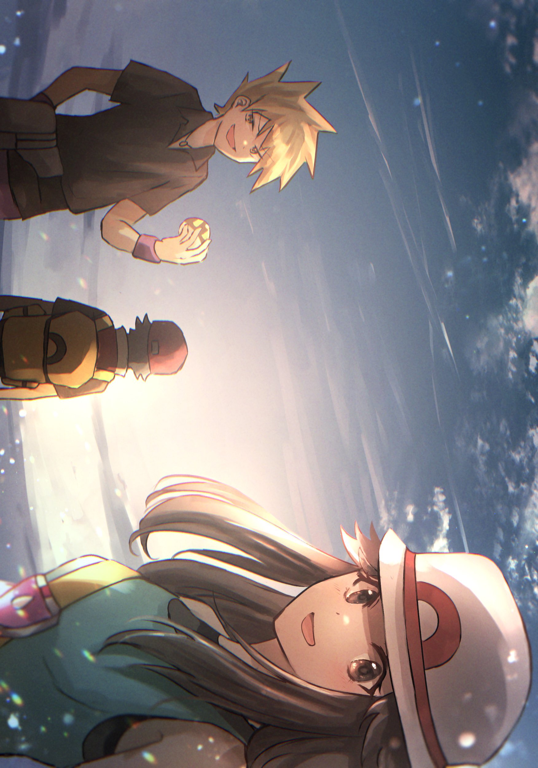 1girl 2boys :d absurdres backpack bag blue_oak brown_eyes brown_hair bucket_hat cloud collared_shirt commentary_request fanny_pack hair_flaps hat highres holding holding_poke_ball leaf_(pokemon) long_hair multiple_boys nintendo open_mouth outdoors poke_ball pokemon pokemon_frlg red_(pokemon) red_hat shirt shiruko_(s1ruko) short_hair short_sleeves sidelocks sky smile spiked_hair ultra_ball vs_seeker wristband yellow_bag