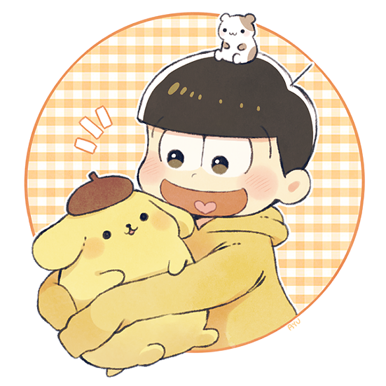 10s 1boy :d animal animal_on_head ayu_(mog) bad_id bad_pixiv_id brown_eyes brown_hair checkered_background crossover dog hamster heart heart_in_mouth hood hoodie long_sleeves male_focus matsuno_jyushimatsu muffin_(sanrio) on_head open_mouth osomatsu-kun osomatsu-san osomatsu_(series) pompompurin sanrio sleeves_past_wrists smile