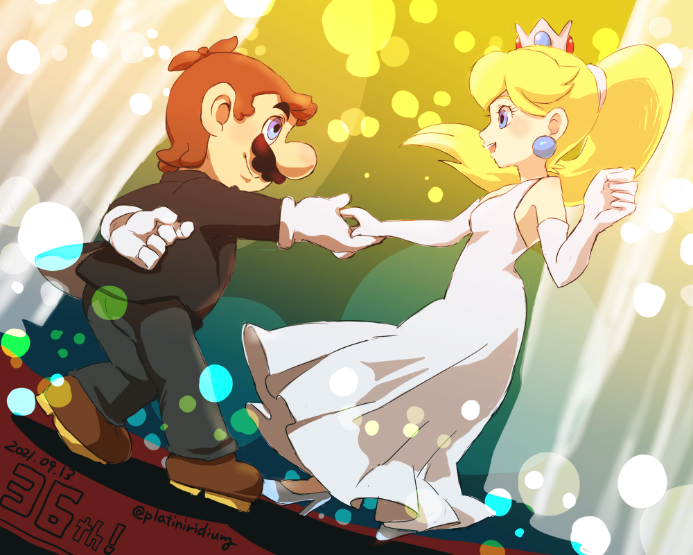 1boy 1girl blonde_hair blue_eyes brown_hair crown dancing dress earrings facial_hair full_body gloves grin height_difference high_heels holding_hands jacket jewelry mario mario_(series) mustache nintendo platiniridium ponytail princess_peach smile spotlight suit_jacket super_mario_bros._1 white_dress