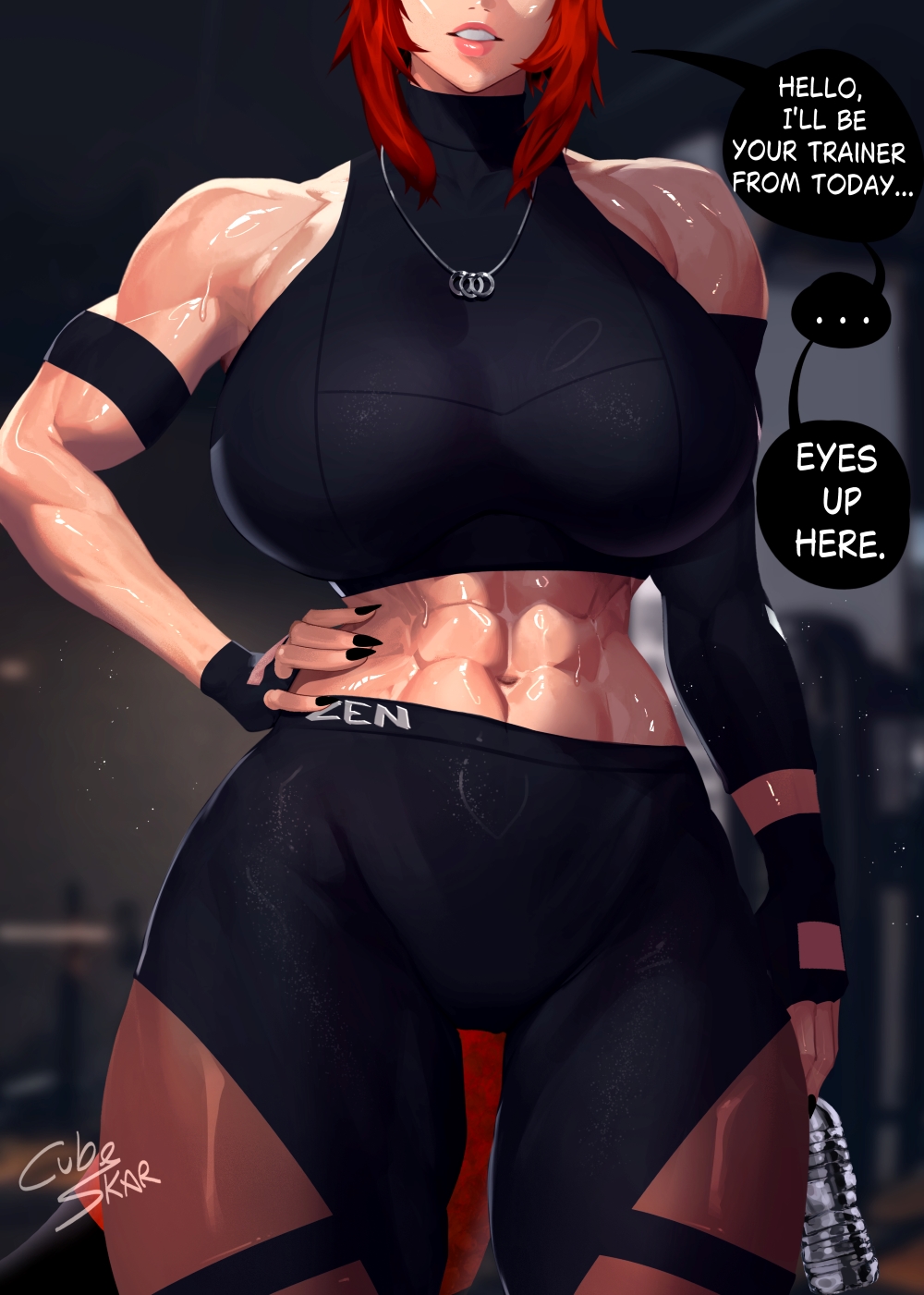 ... 1girl abs artist_name bottle breasts commentary cowboy_shot cubeskar english_commentary english_text fingerless_gloves gloves hand_on_own_hip highres holding holding_bottle jewelry large_breasts muscular muscular_female navel necklace red_hair speech_bubble sweat teeth virtual_youtuber vshojo water_bottle watermark zentreya zentreya_(dragon) zentreya_(dragon)_(workout)