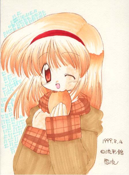 1girl 2000s_(style) bad_id blush brown_coat brown_eyes brown_hair coat colored_pencil_(medium) dated eating hairband kanon looking_at_viewer medium_hair one_eye_closed open_mouth plaid_clothes plaid_coat red_hairband smile solo sou_ryuu traditional_media tsukimiya_ayu upper_body