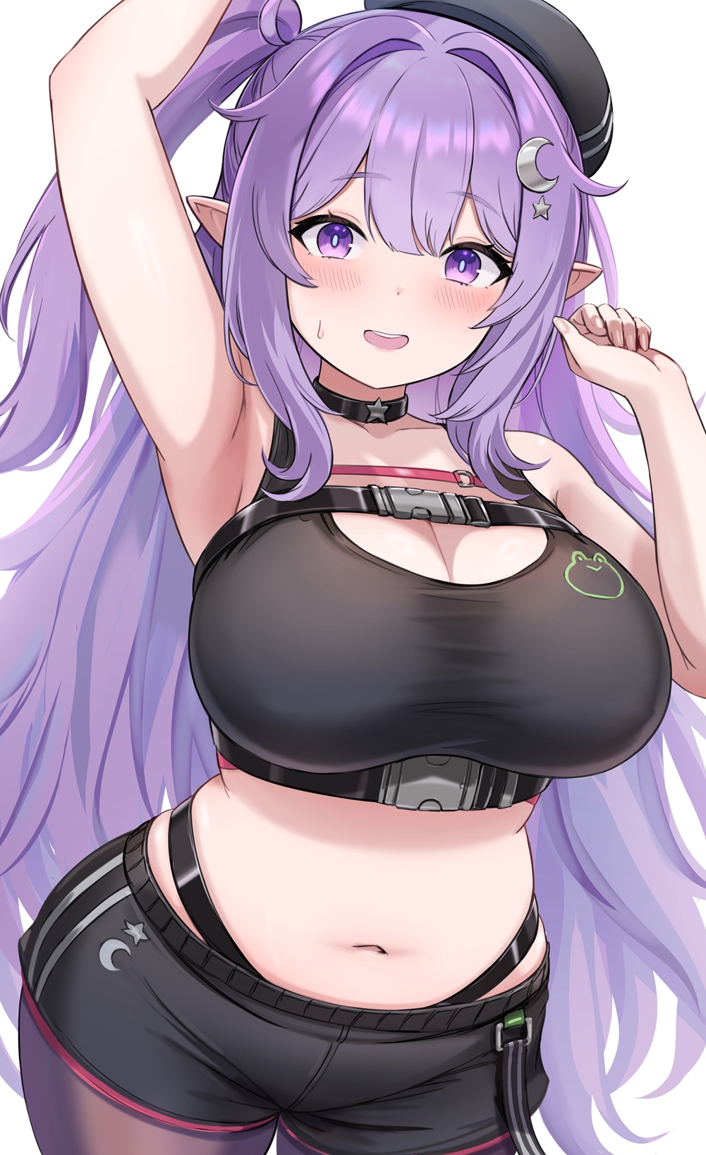 1girl arm_up armpits beret black_choker black_hat black_shorts blush breasts character_request choker cleavage collarbone commentary_request copyright_request crescent crescent_hair_ornament eepy_sleepy eepy_sleepy_(sleepy_2.0) enumiyaa hair_ornament hat highres large_breasts long_hair looking_at_viewer midriff navel open_mouth phase_connect purple_eyes purple_hair shorts simple_background solo virtual_youtuber white_background