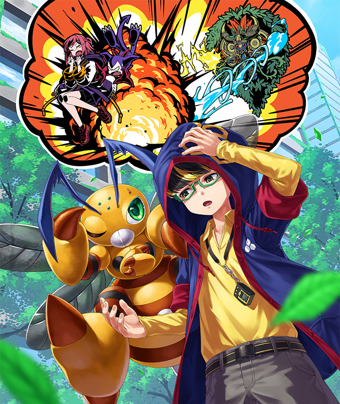 1girl 2boys antennae attack bandana bandana_around_neck bee black_hair blonde_hair blue_jacket blurry blurry_foreground brown_shorts bug building city collared_shirt demon digimon digimon_(creature) digimon_(virtual_pet) digimon_card_game digimon_liberator electricity funbeemon green-framed_eyewear green_eyes hood hood_up hooded_jacket impmon insect jacket kazuki_seihou leaf multicolored_hair multiple_boys official_art one_eye_closed pink_hair red_bandana semi-rimless_eyewear shirt shorts skyscraper speech_bubble streaked_hair tlalocmon tree two-tone_hair under-rim_eyewear virtual_pet_(toy) white_jacket winr yellow_shirt yuuki_(digimon)