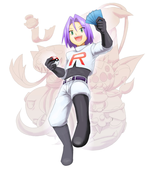 black_gloves boots card carnivine chimecho gen_1_pokemon gen_3_pokemon gen_4_pokemon gloves happy holding holding_poke_ball james_(pokemon) jumping looking_at_viewer meguri mime_jr. nintendo poke_ball pokemon pokemon_(anime) pokemon_(creature) pokemon_dppt_(anime) smile team_rocket team_rocket_uniform victreebel weezing white_background
