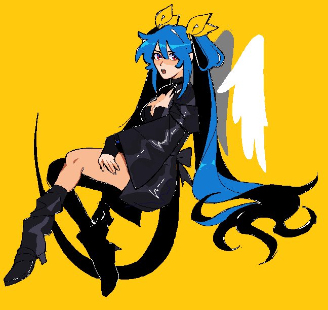 angel_wings blue_hair borcheim dizzy_(guilty_gear) guilty_gear hair_ribbon hair_rings looking_at_viewer microsoft_paint_(medium) monster_girl pointy_ears ribbon wings yellow_background yellow_ribbon