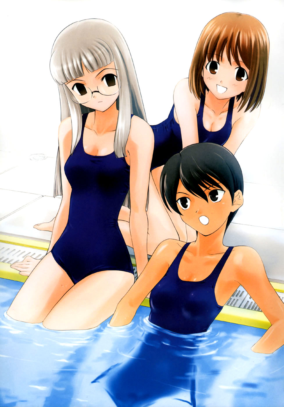 3girls black_eyes black_hair brown_eyes brown_hair dark_skin dark-skinned_female fate/stay_night fate_(series) glasses grey_hair highres himuro_kane long_hair makidera_kaede multiple_girls one-piece_swimsuit saegusa_yukika shirotsumekusa short_hair swimsuit