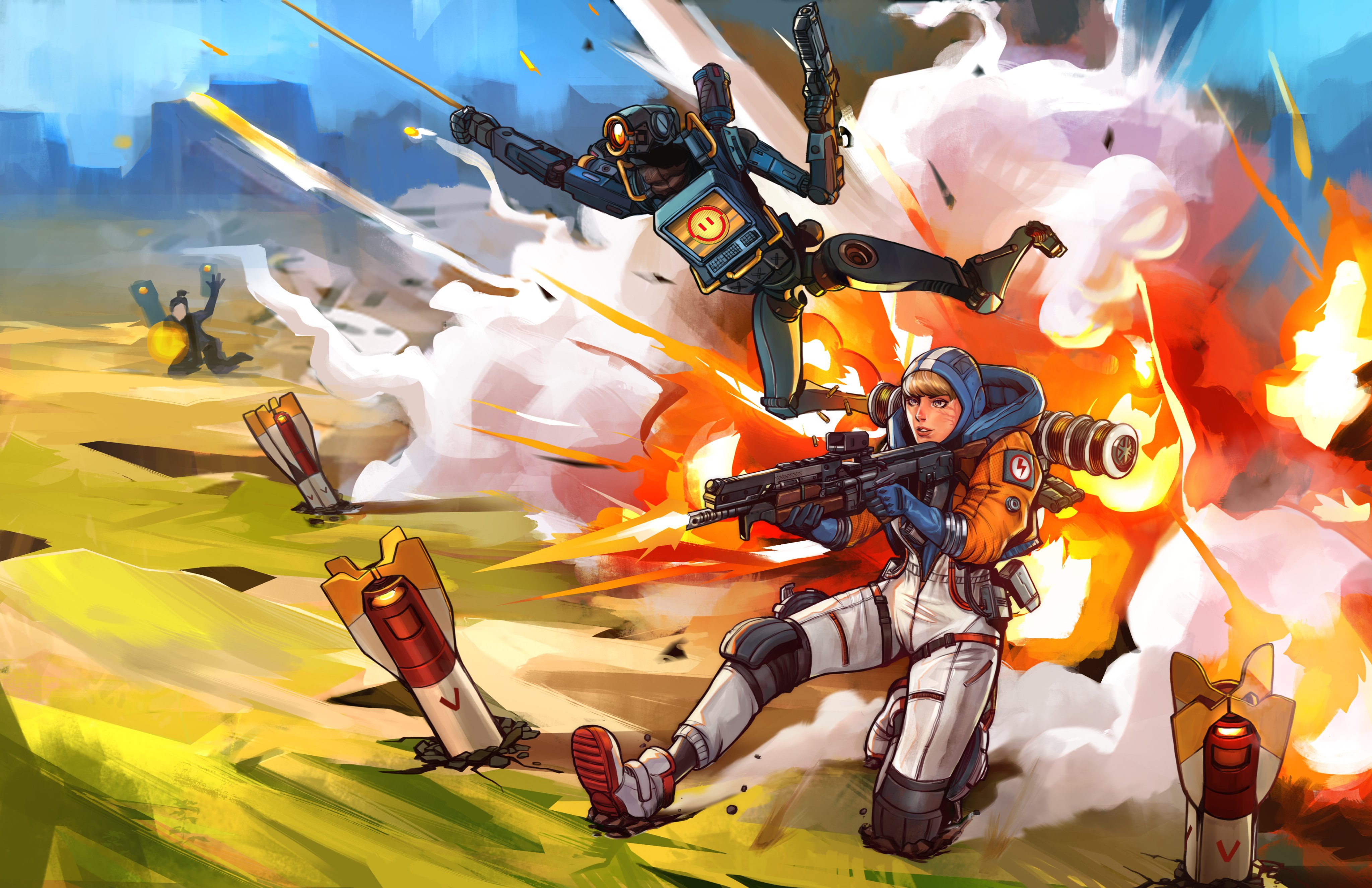 1boy 2girls absurdres apex_legends assault_rifle b3_wingman black_bodysuit black_gloves black_hair blonde_hair blue_bodysuit blue_eyes blue_gloves bodysuit cable commentary english_commentary explosion firing gloves gun highres holding holding_gun holding_weapon hood hood_down hood_up hooded_bodysuit humanoid_robot jacket knee_pads lightning_bolt_symbol missile multiple_girls one-eyed orange_jacket pathfinder_(apex_legends) red_eyes rifle robot shoes smoke smoke_trail sneakers titanfall_(series) titanfall_2 tmact v-47_flatline wattson_(apex_legends) waving weapon white_bodysuit white_footwear wraith_(apex_legends)