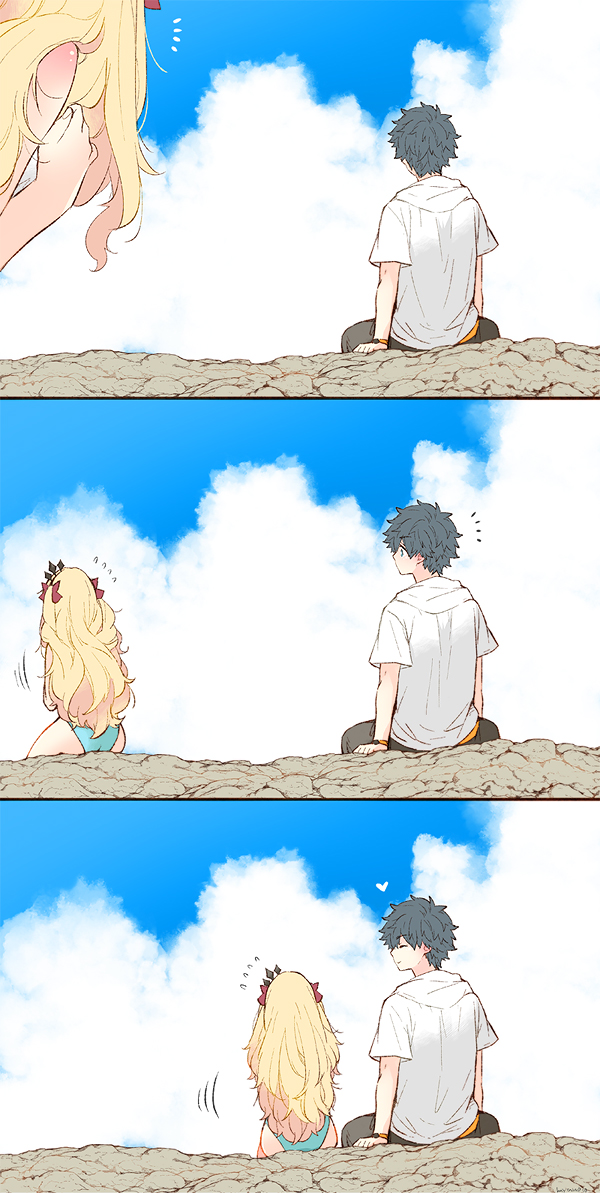 1boy 1girl ^^^ azumi_(myameco) black_hair blonde_hair closed_eyes ereshkigal_(fate) fate/grand_order fate_(series) flying_sweatdrops from_behind fujimaru_ritsuka_(male) fujimaru_ritsuka_(male)_(summer_street) heart hood hoodie long_hair on_rock one-piece_swimsuit sitting smile space_ereshkigal_(fate) space_ereshkigal_(first_ascension)_(fate) swimsuit white_hoodie