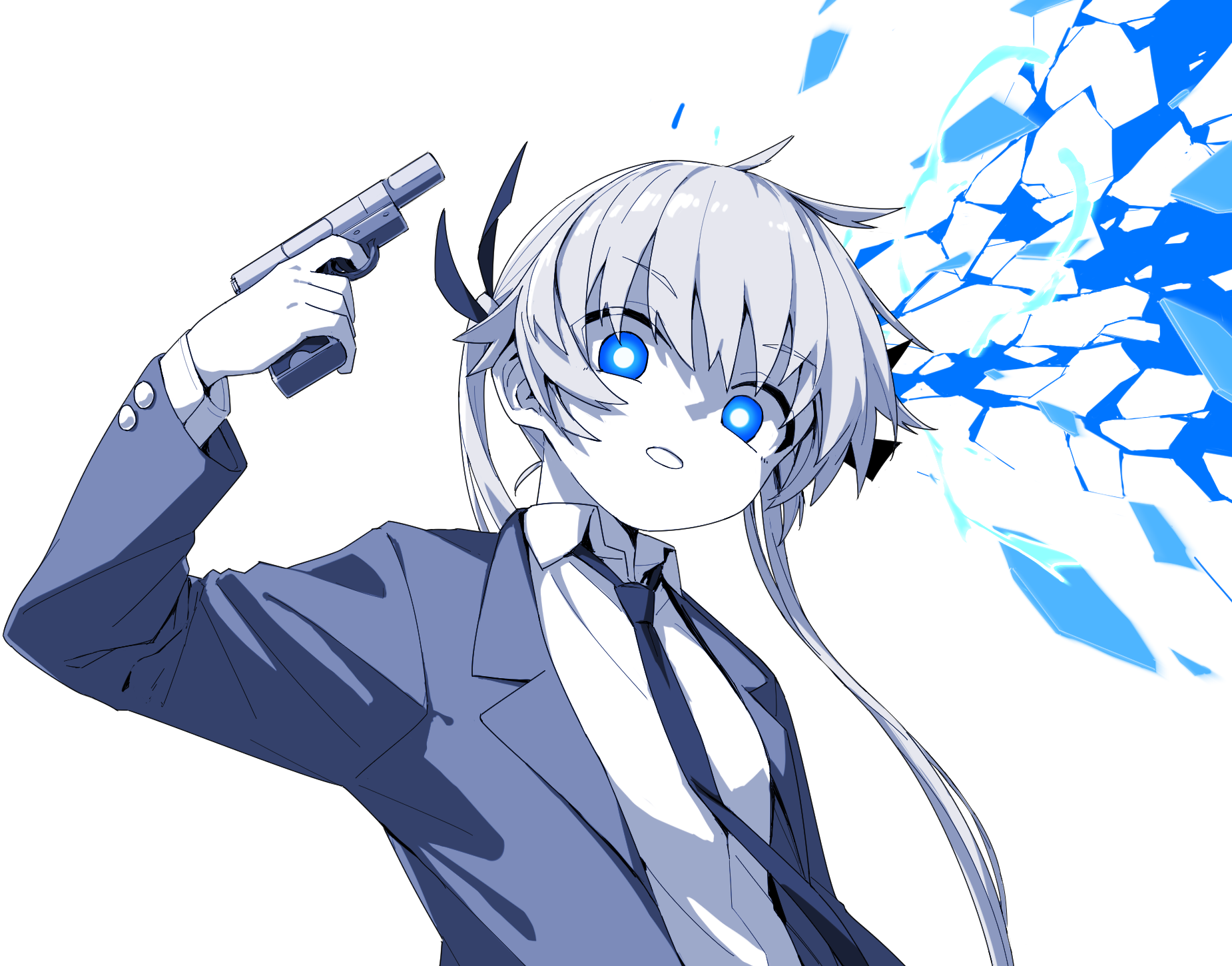 1girl blue_theme collared_shirt finger_gun finger_gun_to_head hair_between_eyes hair_ribbon highres jacket kill_me_baby long_hair long_sleeves looking_at_viewer monochrome necktie open_clothes open_jacket parody persona persona_3 pose_imitation ribbon shirt simple_background solo sonya_(kill_me_baby) twintails upper_body yachima_tana