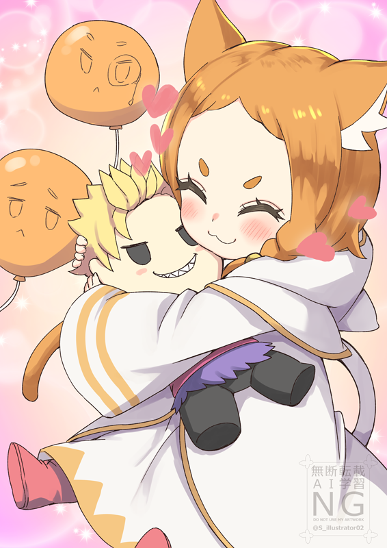 1girl :3 animal_ear_fluff animal_ears balloon blush boots cat_ears cat_girl cat_tail character_doll cloak closed_eyes commentary_request foot_out_of_frame garfiel_tinsel heart hood hood_down hooded_cloak hugging_doll hugging_object long_sleeves mimi_pearlbaton orange_hair parted_bangs re:zero_kara_hajimeru_isekai_seikatsu red_boots s_(hdru2332) smile solo tail white_cloak wide_sleeves