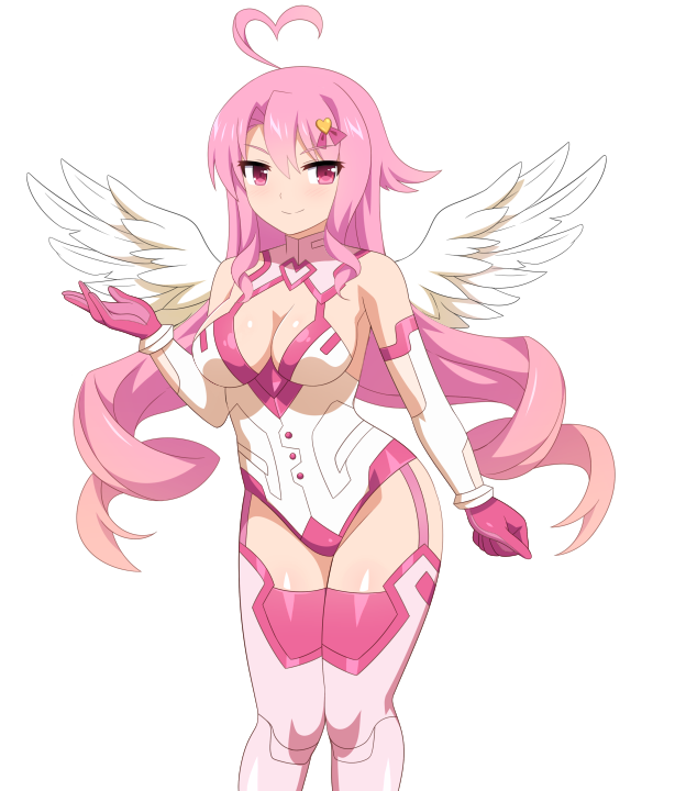 1girl ahoge bodysuit curtained_hair feathered_wings garter_belt gloves lilim_(sakura_cupid) official_art pink_eyes pink_gloves pink_hair sakura_cupid smile sprite thighhighs wanaca white_bodysuit wings