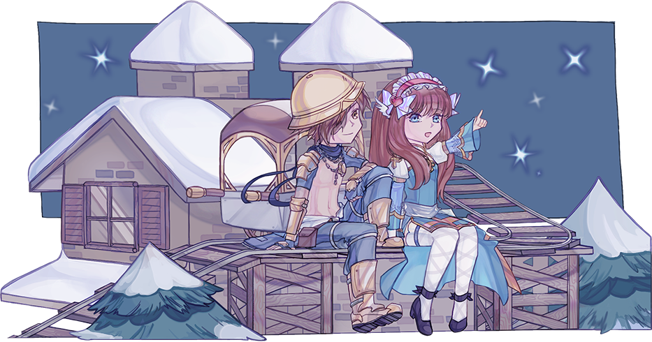 1boy 1girl arch_bishop_(ragnarok_online) armor armored_boots black_shoes blue_dress blue_eyes boots bow_hairband brown_eyes brown_hair chain chain_necklace cinlee closed_mouth commentary commission cross dress elbow_gloves english_commentary fingerless_gloves fishnet_thighhighs fishnets frilled_hairband frills full_body gloves grey_pants hair_ornament hair_over_one_eye hairband hard_hat heart heart_hair_ornament helmet jewelry juliet_sleeves long_hair long_sleeves mechanic_(ragnarok_online) navel necklace open_mouth pants pauldrons pointing pointing_up puffy_sleeves pullcart ragnarok_online railroad_tracks red_hairband rooftop sash shoes short_hair shoulder_armor shrug_(clothing) sitting sky smile star_(sky) starry_sky thighhighs tree two-tone_dress vambraces white_dress white_sash white_thighhighs