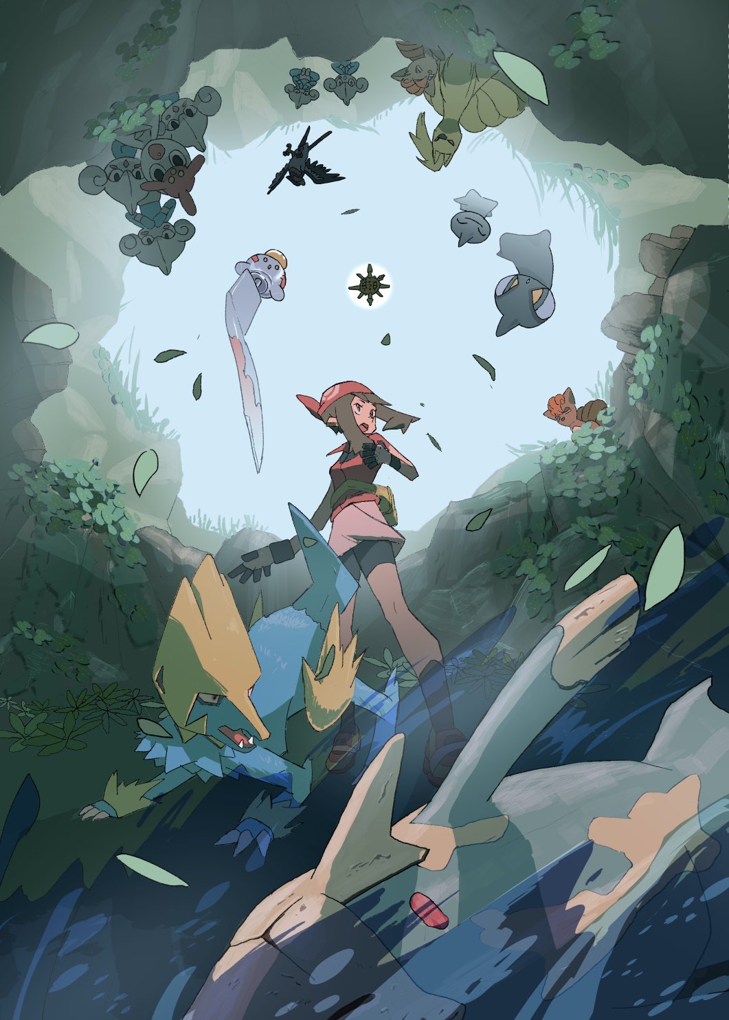 1girl bandana bike_shorts brown_hair commentary_request falling_leaves fanny_pack from_below gen_1_pokemon gen_3_pokemon gloves highres knees leaf long_hair looking_to_the_side manectric may_(pokemon) medicham meditite ninetales nintendo open_mouth pokemon pokemon_(creature) pokemon_rse red_bandana red_shirt relicanth shirt short_sleeves shuppet skirt solrock standing swellow terrible_burst vulpix water