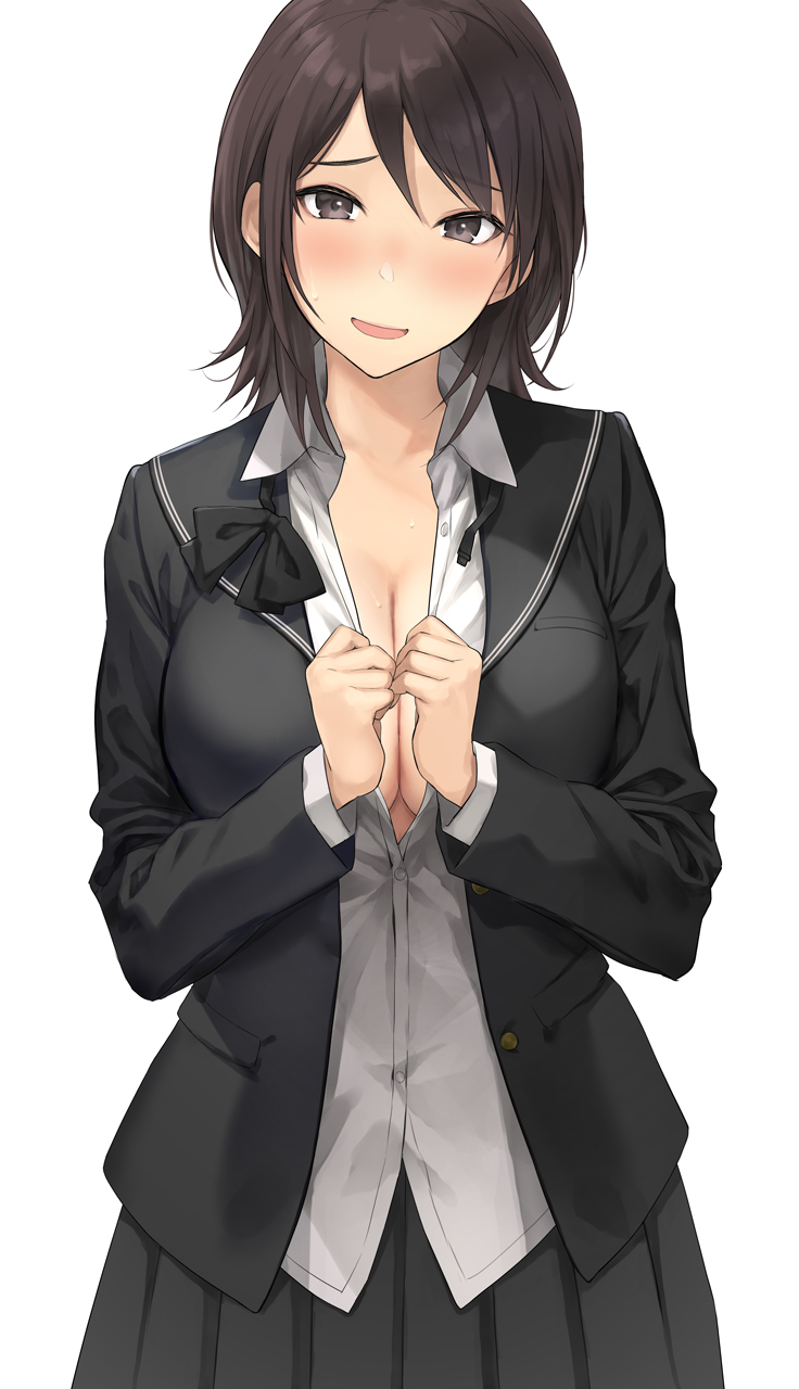 1girl amagami black_hair black_jacket black_skirt blazer breasts brown_eyes cleavage commentary_request highres jacket large_breasts light_blush looking_at_viewer medium_hair open_mouth partially_unbuttoned school_uniform serizawa_(serizawaroom) shirt skirt solo takahashi_maya teacher white_shirt