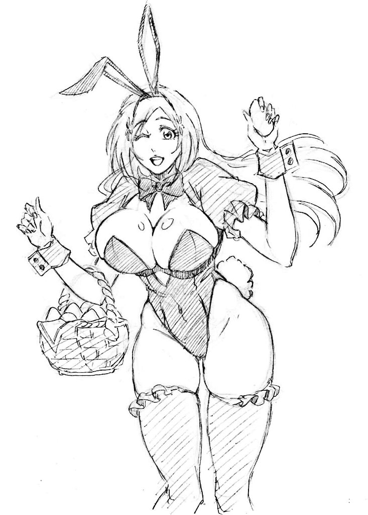 1girl animal_ears basket bleach breasts cleavage curvy easter_egg egg hair_ornament happy highleg highleg_leotard inoue_orihime kubo_tite_(style) large_breasts leotard long_hair one_eye_closed open_mouth playboy_bunny rabbit_ears rabbit_tail rakusakugk shiny_skin sketch solo tail thigh_gap thighhighs wide_hips wrist_cuffs