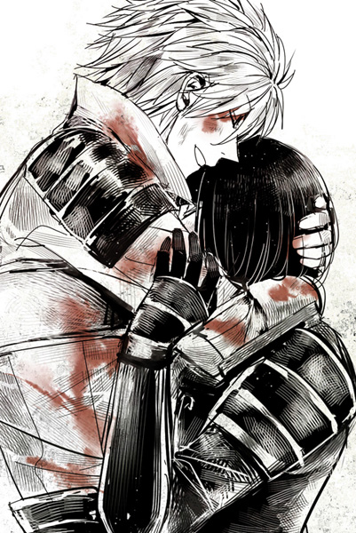 2boys :d armor blood blood_on_clothes blood_on_face blunt_bangs closed_eyes greyscale hair_between_eyes hand_on_another&#039;s_head holding_another&#039;s_arm hug japanese_armor male_focus monochrome multiple_boys open_mouth sengoku_basara shibata_katsuie_(sengoku_basara) shima_sakon_(sengoku_basara) short_hair smile spot_color toruglose upper_body white_background yaoi