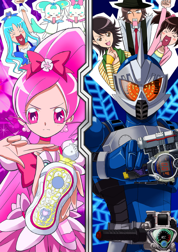&gt;_&lt; 10s 1boy 4girls :d arms_up blue_eyes blue_hair bow chypre_(heartcatch_precure!) closed_eyes coffret_(heartcatch_precure!) crossover cure_blossom cure_marine eyelashes hanasaki_tsubomi hat heartcatch_precure! hidari_shoutarou high_ponytail kamen_rider kamen_rider_accel kamen_rider_w kurumi_erika mahkn multiple_girls narumi_akiko open_mouth philip philip_(kamen_rider) pink_bow pink_eyes pink_hair ponytail precure season_connection smile xd