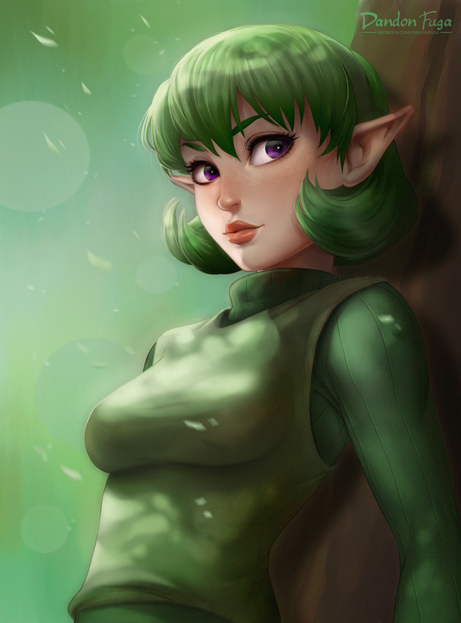 1girl against_tree breasts dandon_fuga eyelashes female_focus green_hair green_hairband hairband kokiri lips md5_mismatch nintendo nose pointy_ears purple_eyes ribbed_sweater saria_(zelda) short_hair small_breasts solo sweater the_legend_of_zelda the_legend_of_zelda:_ocarina_of_time tree turtleneck