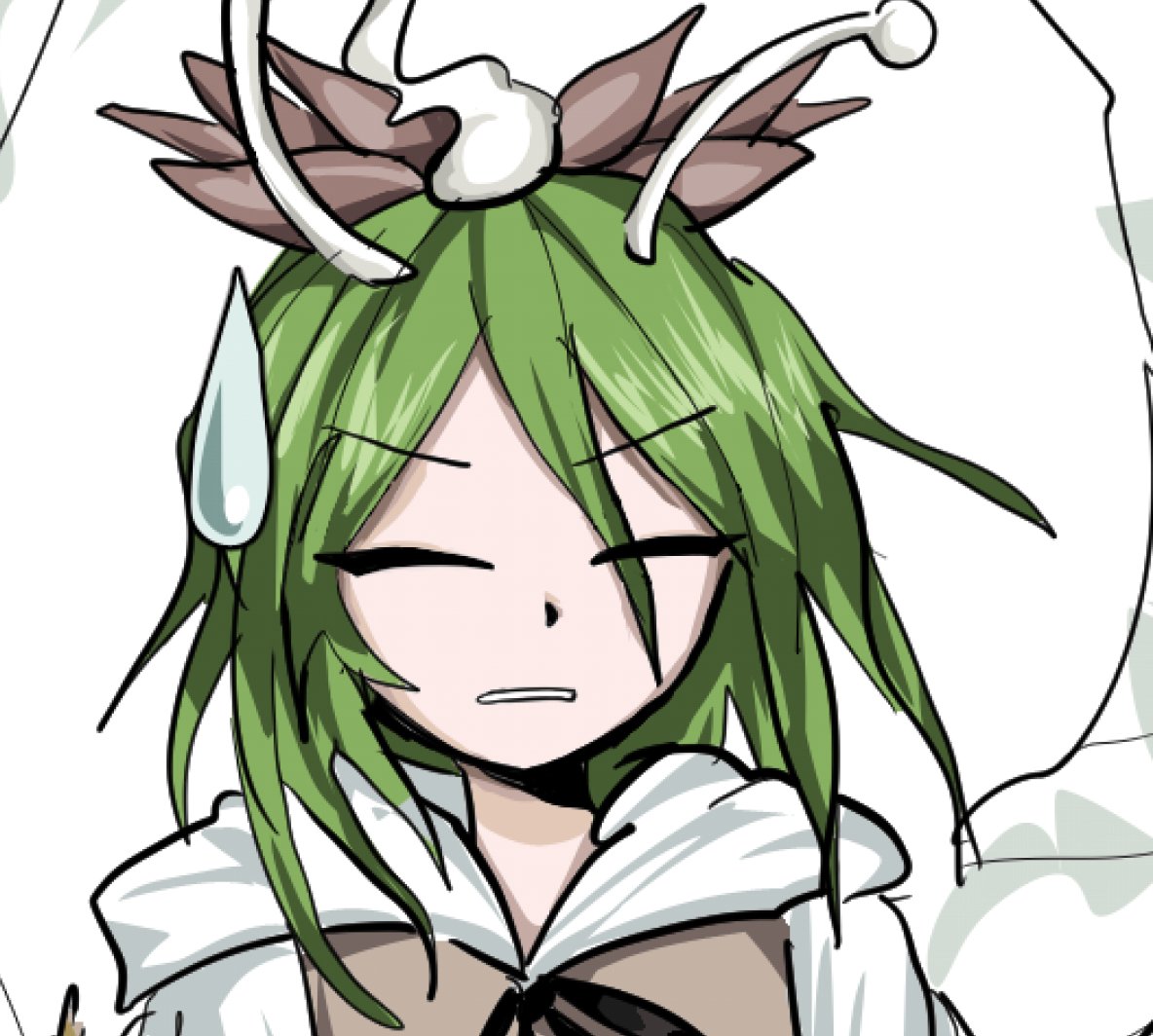 1girl alternate_color amanomori_shou antennae black_bow black_bowtie bow bowtie brown_vest close-up closed_eyes commentary_request cosplay flower frown green_hair hair_flower hair_ornament hood hood_down korean_commentary len'en long_sleeves medium_hair messy_hair open_mouth shawl shirt sweatdrop teeth toramaru_shou toramaru_shou_(cosplay) touhou v-shaped_eyebrows vest waiwa_way white_background white_shirt