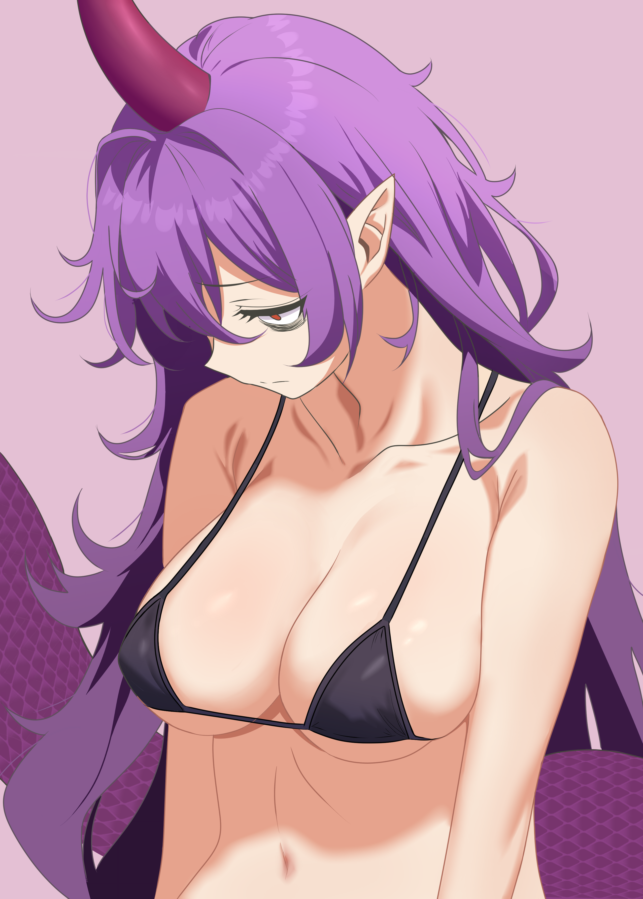 1girl absurdres bags_under_eyes bikini black_bikini breasts expressionless hair_between_eyes highres horns large_breasts long_hair looking_down messy_hair micro_bikini nara_(gsx250r_anzio) navel pink_background pointy_ears purple_hair red_eyes single_horn swimsuit tail tenkajin_chiyari touhou unfinished_dream_of_all_living_ghost upper_body very_long_hair