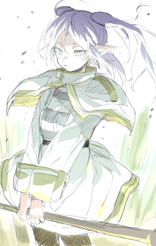 1girl black_pantyhose capelet commentary_request dress elf frieren green_eyes holding holding_staff long_hair long_sleeves looking_at_viewer pantyhose parted_bangs parted_lips pointy_ears shotan simple_background solo sousou_no_frieren staff twintails white_capelet white_dress white_hair