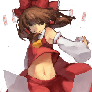 1girl ascot bare_shoulders bow brown_hair detached_sleeves floating floating_object frilled_bow frills hair_tubes hakurei_reimu holding_ofuda looking_at_viewer lowres midriff mmlu_(honwa_karesu) navel ofuda red_shirt red_skirt shirt skirt sleeveless sleeveless_shirt smile solo stomach touhou upshirt white_sleeves yellow_ascot