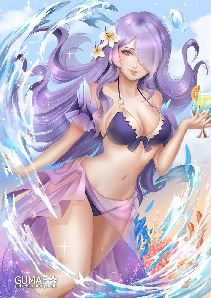 1girl alcohol armlet bare_shoulders bikini breasts camilla_(fire_emblem) camilla_(tropical_beauty)_(fire_emblem) cleavage collarbone commentary cup drink drinking_glass english_commentary facing_viewer female_focus fire_emblem fire_emblem_fates fire_emblem_heroes flower food fruit glass gumae hair_flower hair_ornament hair_over_one_eye halterneck holding holding_cup holding_drinking_glass jewelry large_breasts lips long_hair looking_at_viewer nail_polish navel nintendo official_alternate_costume patreon_username purple_bikini purple_eyes purple_hair sarong solo summer swimsuit wavy_hair