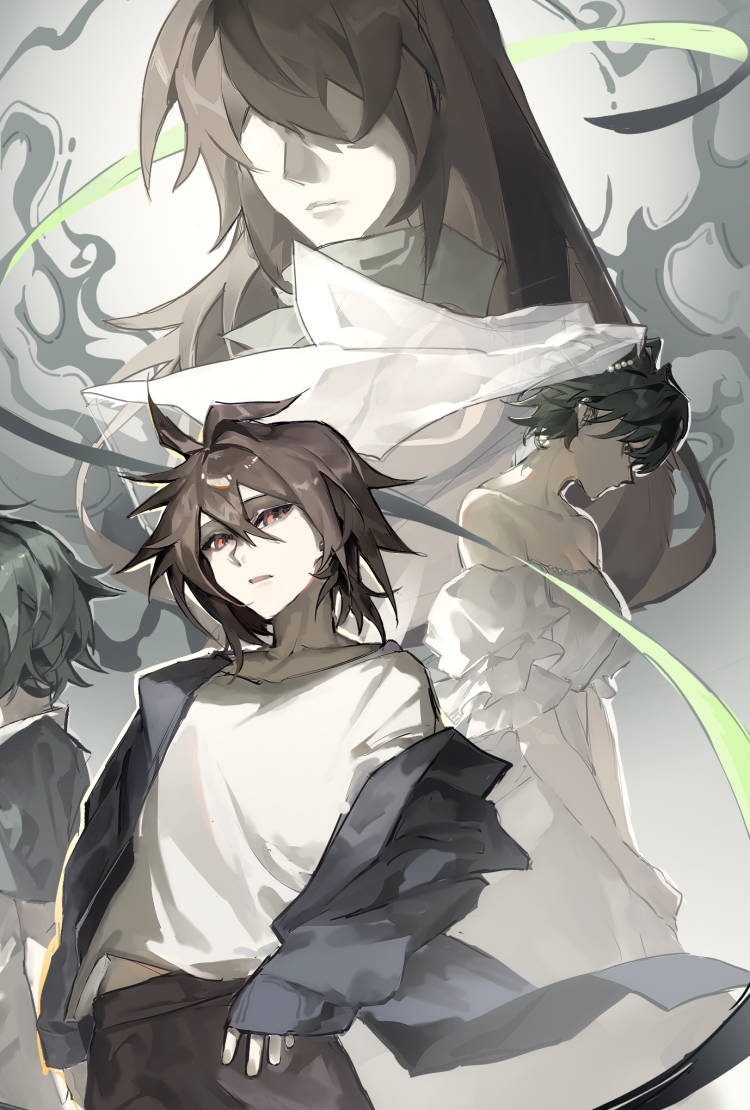 1girl 2boys aged_up black_jacket black_pants breasts bridal_veil bride brown_hair chinese_commentary cleavage closed_mouth commentary_request dress green_hair isoi_haruki isoi_rai isoi_reiji_(rei-kun) jacket juw10 long_hair long_sleeves medium_hair multiple_boys off-shoulder_dress off_shoulder open_mouth pants puffy_short_sleeves puffy_sleeves red_eyes saibou_shinkyoku shirt short_hair short_sleeves sleeves_past_wrists veil wedding_dress white_dress white_shirt white_veil