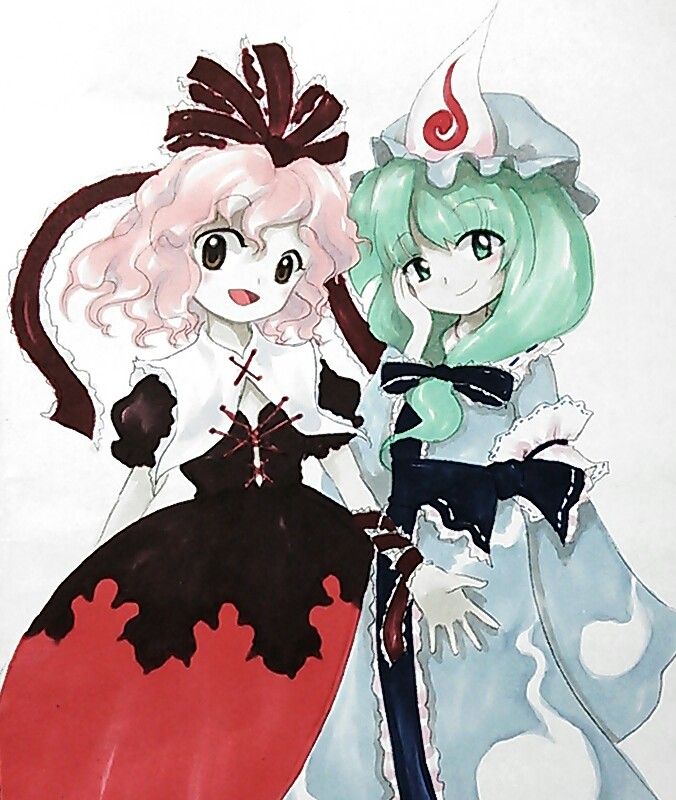 2girls arm_garter arm_ribbon bad_id bad_pixiv_id bow brown_eyes cosplay costume_switch front_ponytail green_eyes green_hair hair_ribbon hand_on_own_face head_tilt japanese_clothes kagiyama_hina kagiyama_hina_(cosplay) kimono long_hair looking_at_viewer multiple_girls open_mouth parody photo_(medium) pink_hair puffy_short_sleeves puffy_sleeves ribbon saigyouji_yuyuko saigyouji_yuyuko_(cosplay) short_sleeves shu_(loveeater) simple_background sleeves_past_wrists smile style_parody touhou traditional_media triangular_headpiece white_background zun_(style)