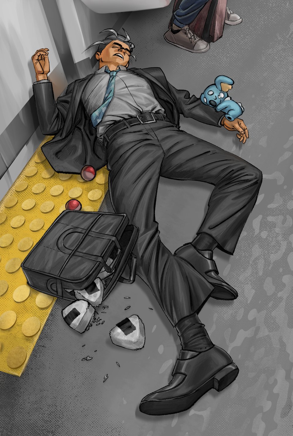 1boy arm_hug bag belt black_footwear black_hair black_jacket black_pants black_socks blue_necktie closed_eyes closed_mouth collared_shirt door food formal_clothes full_body gen_7_pokemon grey_hair grey_shirt hand_up highres indoors jacket komala larry_(pokemon) long_sleeves lying male_focus multicolored_hair necktie nintendo on_back onigiri open_clothes open_jacket open_mouth pants poke_ball poke_ball_(basic) pokemon pokemon_(creature) pokemon_sv saleha_chowdhury shirt shirt_tucked_in shoes sleeping socks solo_focus streaked_hair suit tactile_paving teeth two-tone_hair u_u
