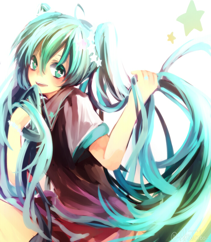 1girl aka_tonbo_(lililil) aqua_hair artist_name female_focus green_eyes hatsune_miku holding holding_own_hair long_hair solo star-shaped_pupils star_(symbol) symbol-shaped_pupils twintails very_long_hair vocaloid