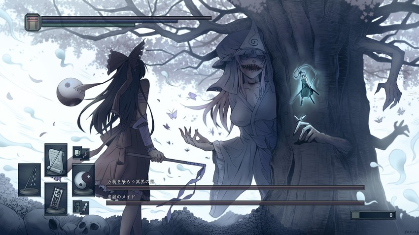 3girls amulet bandaged_arm bandages black_hair black_socks blue_dress blue_kimono bow branch breasts bug butterfly cherry_blossoms cherry_tree dango dark dark_souls_(series) dated demon_girl disembodied_hand dress fighting_stance flying food ghost gohei green_dress hakurei_reimu heads-up_display health_bar holding holding_gohei holding_sword holding_weapon insect japanese_clothes kimono konpaku_youmu konpaku_youmu_(ghost) large_breasts meme multiple_girls orb outdoors overcast paper parody pen pink_hair red_bow red_skirt royl saigyou_ayakashi saigyouji_yuyuko sharp_teeth shirt skirt skull sky socks standing sword teeth torii touhou tree user_interface wagashi weapon white_shirt yin_yang yin_yang_orb