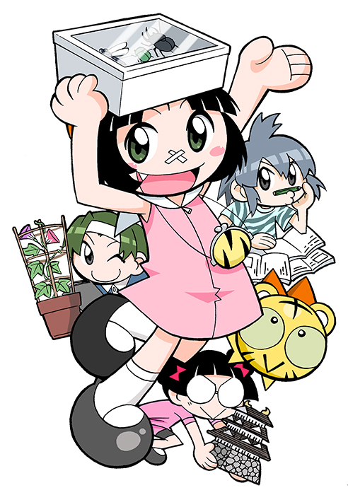 3girls :&gt; animal_print aqua_shirt aqua_sleeves bandaid bandaid_on_face bandaid_on_nose bare_arms bare_shoulders beetle black_eyes black_outline blue_shirt blunt_bangs blush_stickers book bow bright_pupils bug bug_request buttons character_request child coin_purse collar colored_sclera contrast_collar cub display_case double_bun dress fang flats flower full_body glasses green_eyes green_hair green_sclera grey_footwear grey_hair grey_shorts hair_bow hair_bun headband insect kneehighs looking_at_viewer model_building mukku_(mook-tv) multiple_girls official_art one_eye_closed open_book open_mouth orange_bow outline pencil pencil_as_mustache pink_dress pink_sleeves plant polo_shirt print_shirt print_sleeves purple_flower red_bow red_flower ribbon_kotora rimless_eyewear round_eyewear sailor_collar second-party_source shirt short_dress short_hair shorts simple_background sleeveless sleeveless_dress small_pupils socks straight_hair striped_fur tiger tiger_print tongue tora_da_yo. torami_(toranoana) toranoana white_background white_collar white_headband white_outline white_pupils white_sailor_collar white_socks yellow_fur