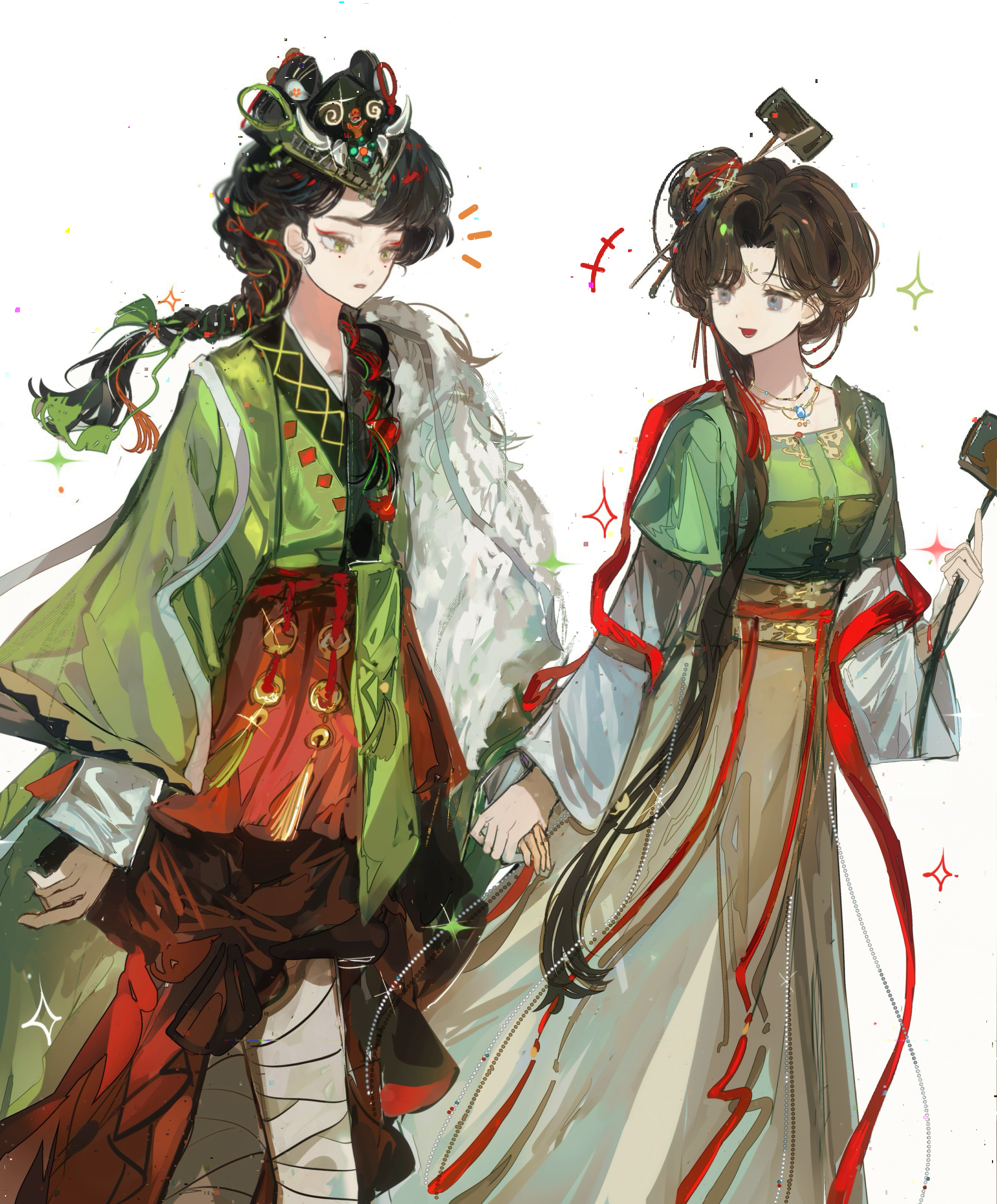 +++ 2girls :o absurdres bandaged_leg bandages black_eyes black_hair braid cape chinese_clothes chinese_hairpin cowboy_shot dipper fur_cape green_hanfu hair_bun hand_up hanfu highres holding holding_hands holding_spoon jewelry jiu_niangzi layered_sleeves leg_wrap liang_yue_(reverse:1999) long_hair long_skirt long_sleeves looking_at_another low_twin_braids mask mask_on_head miniskirt multiple_girls necklace parted_bangs red_shawl red_skirt reverse:1999 shawl short_over_long_sleeves short_sleeves single_side_bun skirt sparkle spoon turning_head twin_braids walking weiyan_(nbnbmwnl) white_background white_cape wide_sleeves yellow_eyes yellow_skirt