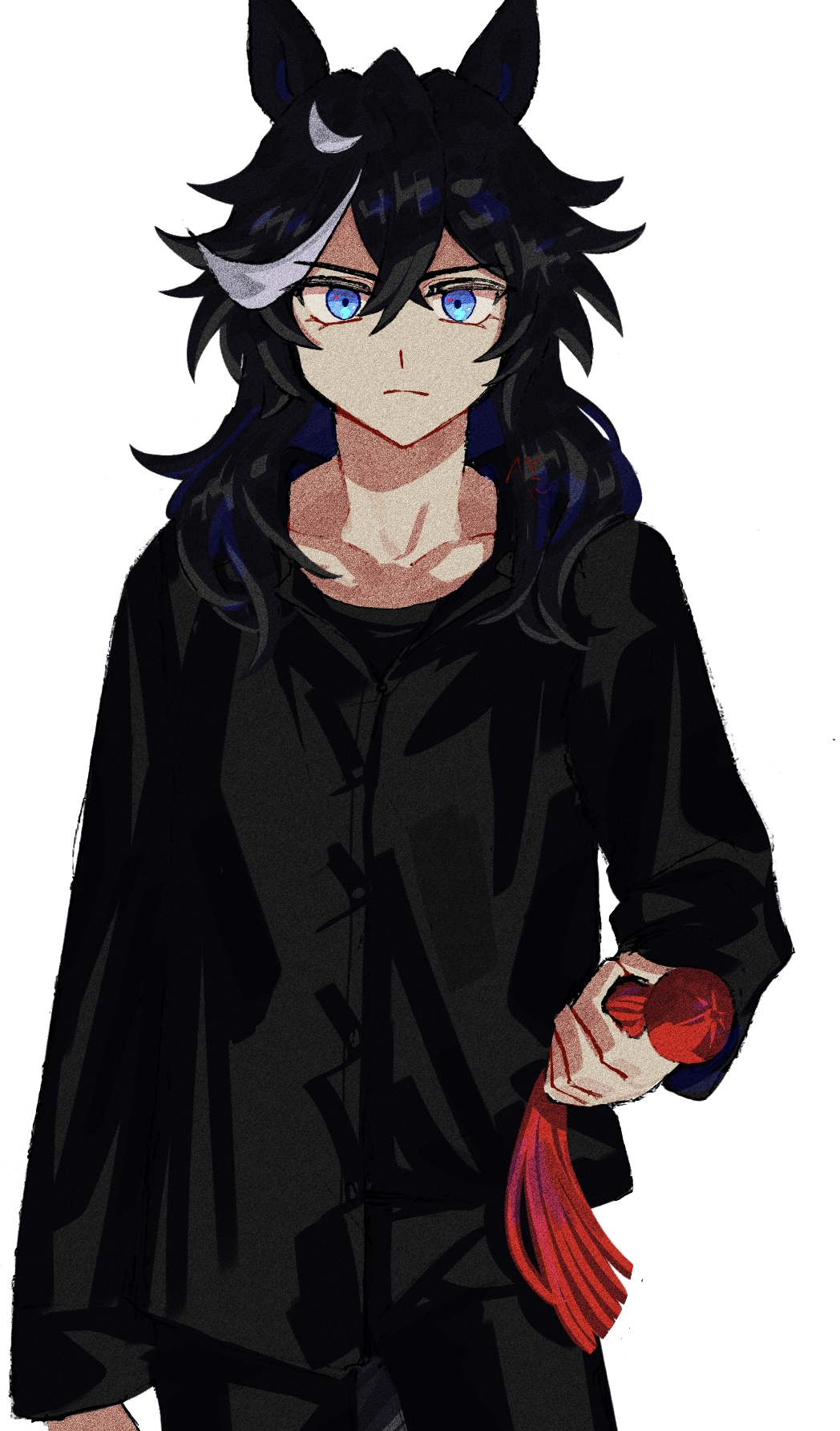 1girl alternate_costume alternate_hairstyle animal_ears arm_at_side black_hair black_jacket black_pants blue_eyes closed_mouth collarbone commentary_request frown hair_between_eyes highres horse_ears horse_girl horse_tail jacket jagaimobeniko katsuragi_ace_(umamusume) long_hair long_sleeves multicolored_hair pants simple_background solo streaked_hair tail umamusume white_background white_hair