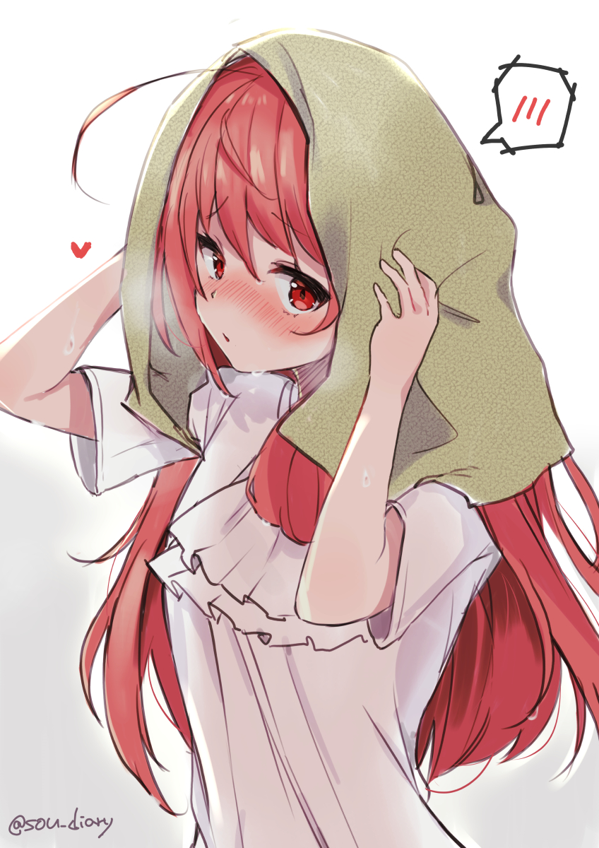 1girl ahoge arms_up blush commentary_request gradient_background grey_background hair_between_eyes heart highres kantai_collection long_hair nose_blush parted_lips red_eyes red_hair shirt short_sleeves solo sou_(soutennkouchi) spoken_blush towel towel_on_head twitter_username uzuki_(kancolle) very_long_hair wet wet_hair white_background white_shirt
