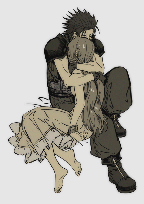1boy 1girl aerith_gainsborough armor baggy_pants bangle bare_shoulders barefoot black_gloves black_hair boots bracelet closed_eyes couple crisis_core_final_fantasy_vii dress feet final_fantasy final_fantasy_vii final_fantasy_vii_rebirth final_fantasy_vii_remake full_body gloves grey_background hug huosheanng jewelry knee_up long_dress long_hair pants ribbed_sweater shoulder_armor sleeveless sleeveless_turtleneck spiked_hair sweater turtleneck turtleneck_sweater zack_fair