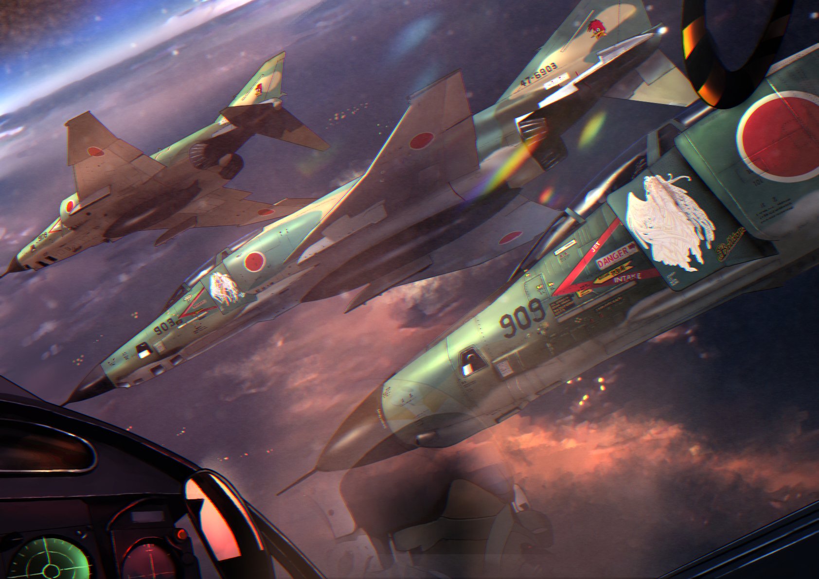aircraft airplane airplane_interior cockpit commentary_request external_fuel_tank f-4_phantom_ii helmet highres horizon nose_art original pilot pilot_helmet pov reflection sky timmyyen