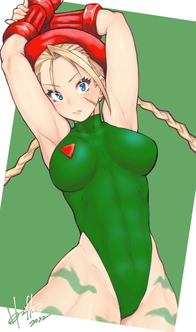 1girl 2022 ahoge arms_up beret blonde_hair blue_eyes bodypaint braid breasts cammy_white curvy dated fang fingerless_gloves garrison_cap gauntlets gloves gluteal_fold green_background green_leotard hat highleg highleg_leotard horishin1986 large_breasts leotard lips long_hair medium_breasts military_hat red_hat street_fighter street_fighter_v thighs thong_leotard twin_braids two-tone_background united_kingdom wide_hips