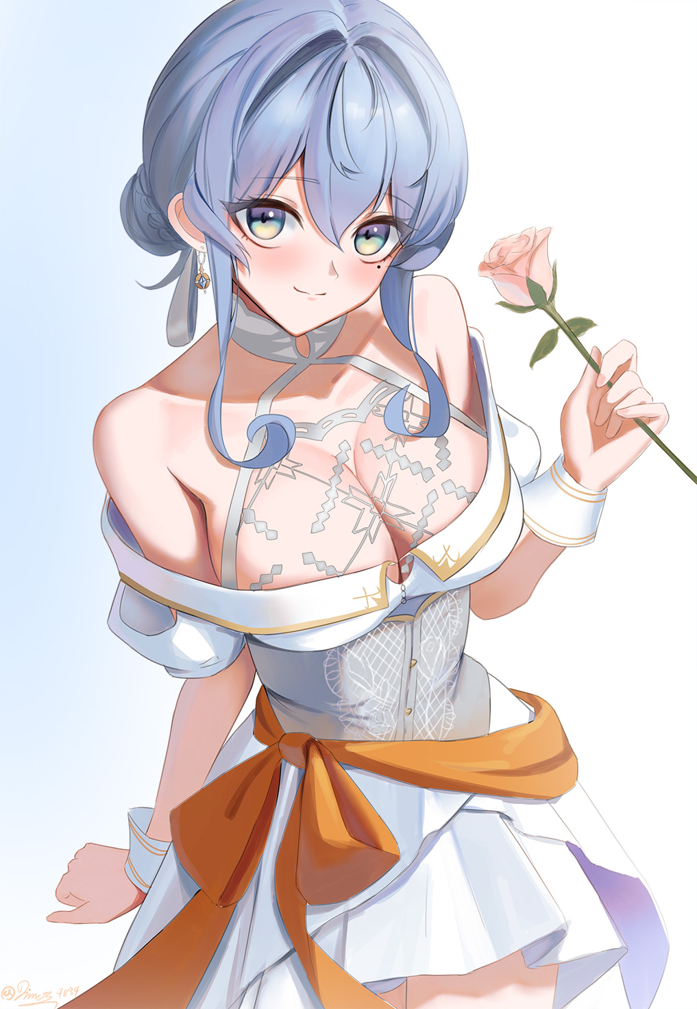 1girl bare_shoulders blue_eyes blue_hair blush bow breasts buttons cleavage closed_mouth collarbone dimos_(dawn_1945) dress earrings flower gotland_(kancolle) gradient_eyes green_eyes hair_bow hair_bun highres holding holding_flower jewelry kantai_collection layered_dress looking_at_viewer medium_breasts mole mole_under_eye multicolored_eyes off-shoulder_dress off_shoulder orange_sash sash see-through_cleavage see-through_clothes short_dress simple_background single_hair_bun smile solo twitter_username white_background white_dress wrist_cuffs yellow_eyes