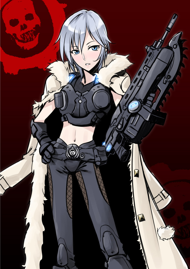 10s 1girl anastasia_(idolmaster) armor black_gloves blue_eyes cape chainsaw crop_top crossover elbow_gloves female_focus fishnets fur_trim gears_of_war gloves gun hand_on_own_hip idolmaster idolmaster_cinderella_girls lancer_(gears_of_war) midriff navel parted_lips power_armor rifle short_hair silver_hair solo tkhs weapon