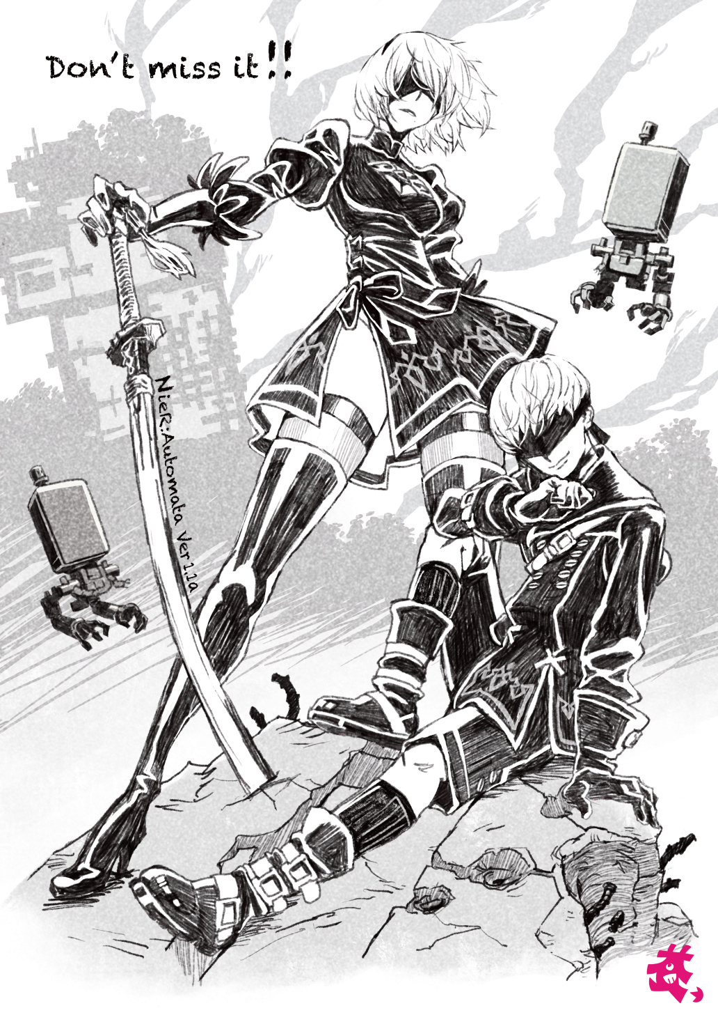 1boy 1girl 2b_(nier:automata) 9s_(nier:automata) android black_blindfold black_hairband blindfold boots character_request check_character commentary_request copyright_name covered_eyes english_text floating greyscale hairband highres masuyama_ryouji monochrome nier:automata nier_(series) on_rock outdoors promotional_art robot short_hair sitting smile standing sword thigh_boots weapon