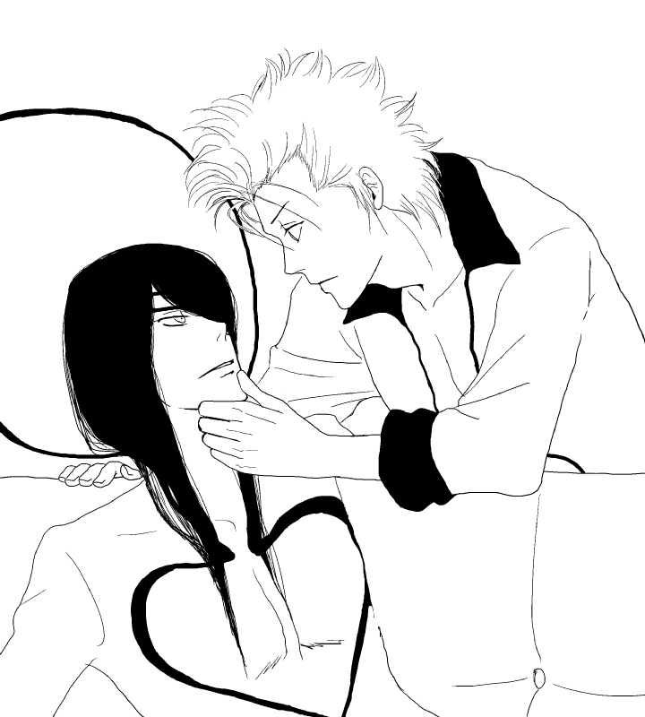 2boys arrancar black_hair bleach eye_contact eyepatch grabbing_another&#039;s_chin grimmjow_jaegerjaquez image_sample kaier_allgemeine long_hair looking_at_another male_focus monochrome multiple_boys nnoitra_gilga number_tattoo pixiv_sample short_hair sketch tattoo yaoi