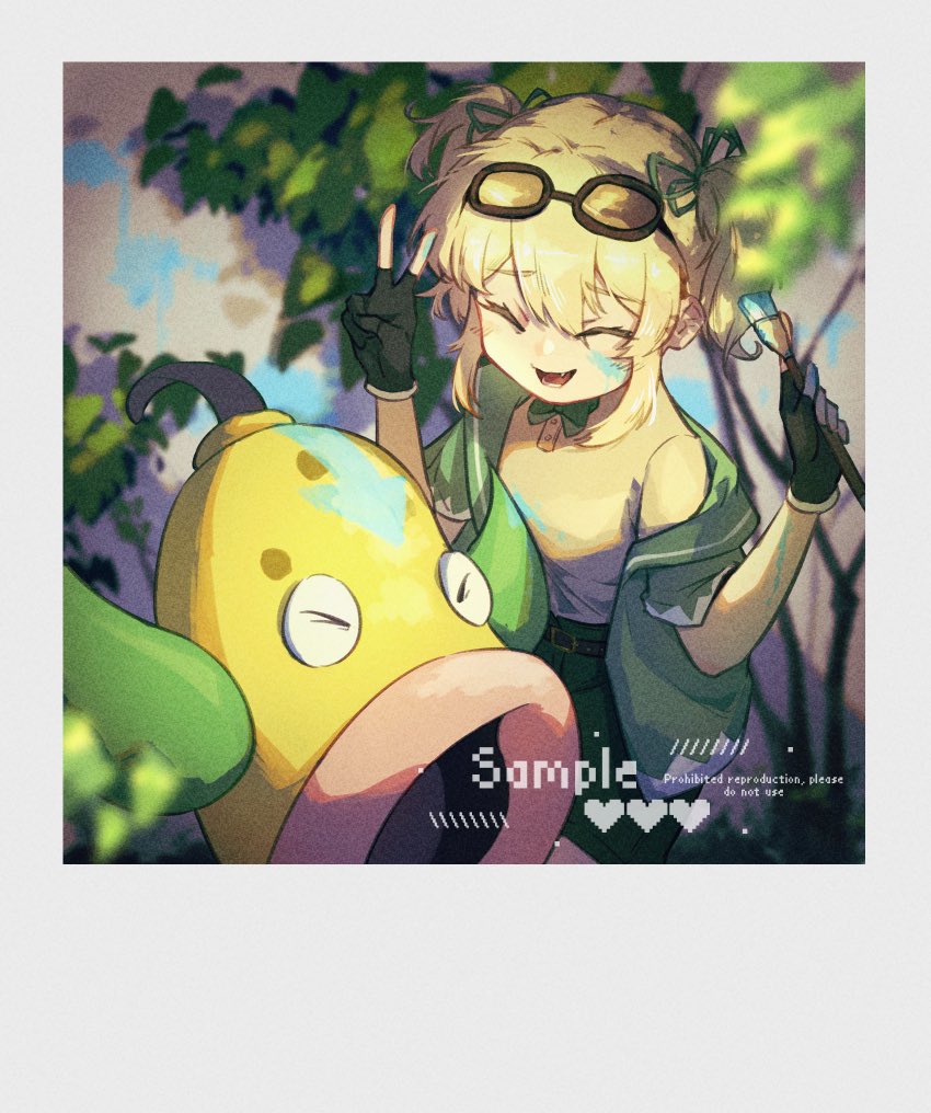 1girl :d black_gloves blonde_hair closed_eyes collared_shirt commission fingerless_gloves gen_1_pokemon gloves green_jacket green_ribbon green_shorts hair_ribbon holding holding_paintbrush jacket leaf looking_at_another nintendo open_mouth paintbrush pokemon pokemon_(creature) ribbon robinlovesop shirt shorts simple_background smile standing twintails upper_body v weepinbell white_background yellow_shirt