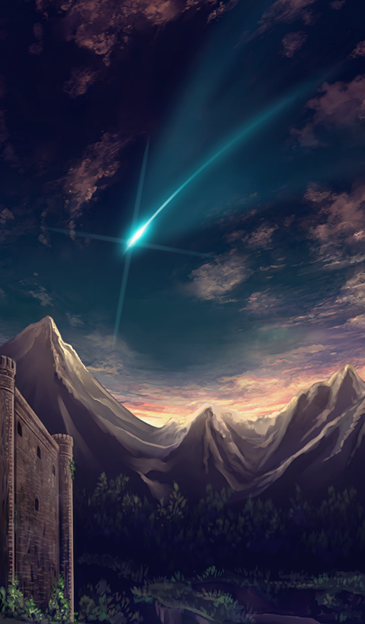 blue_sky castle cloud commentary fate/grand_order fate_(series) hayosena mountain no_humans official_art shooting_star sky sparkle third-party_source