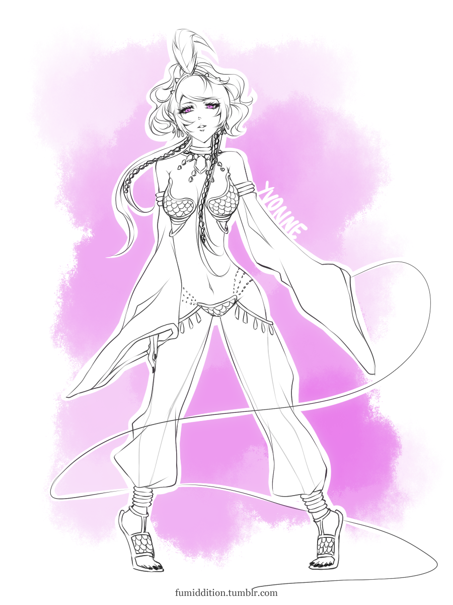 1girl bikini breasts commentary detached_sleeves english_commentary feather_hair_ornament feathers full_body fumiddition gem greyscale_with_colored_background gypsy_(ragnarok_online) hair_ornament harem_pants highres holding holding_whip looking_at_viewer medium_breasts monochrome navel pants pink_eyes ragnarok_online sandals short_hair solo standing strapless strapless_bikini swimsuit tiptoes watermark web_address