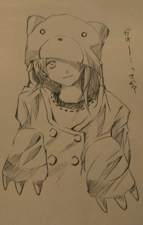 1990s_(style) 1girl animal_costume animal_ears bear_claws bear_costume bear_ears donten female_focus graphite_(medium) hair_tie hat_over_one_eye head_tilt hood hoodie iwakura_lain monochrome one_eye_covered retro_artstyle serial_experiments_lain short_hair solo traditional_media translation_request