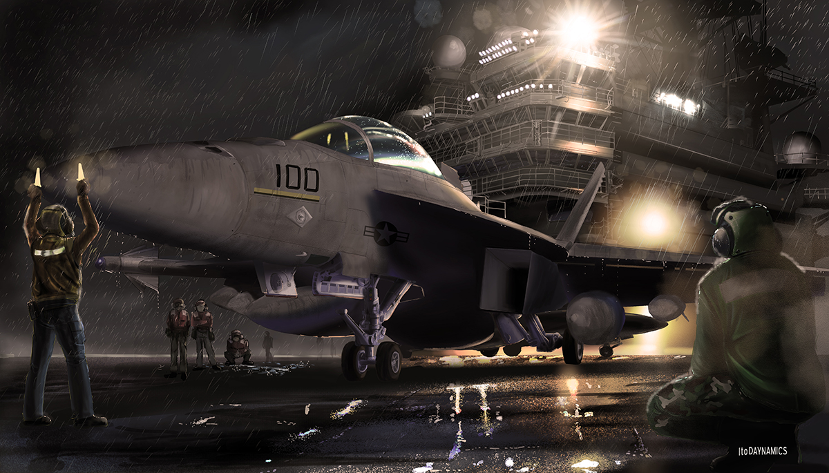 6+boys aim-9_sidewinder air-to-air_missile aircraft aircraft_carrier aircraft_marshaller airplane artist_name black_footwear camouflage camouflage_pants canopy_(aircraft) commentary f/a-18e_super_hornet fighter_jet green_jacket helmet i.t.o_daynamics jacket lens_flare looking_at_object military military_vehicle missile multiple_boys pants rain real_life realistic red_jacket ship spotlight vehicle_focus warship watercraft wet wet_clothes wheel yellow_jacket