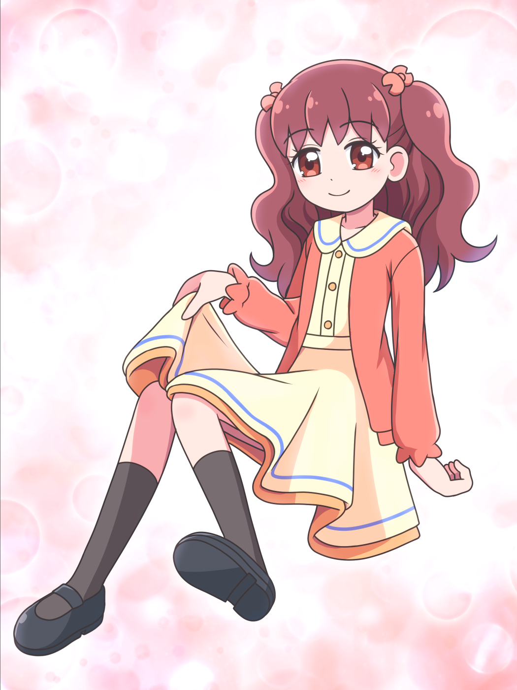 1girl alternate_costume black_shoes black_socks blush bow bubble_background buttons casual closed_mouth clothes_lift collared_dress commentary dot_nose dress full_body gold_buttons gradient_background hair_bow hair_ornament hand_up highres horizontal-striped_skirt jacket kanie_(precure) kato-shun kneehighs layered_skirt long_hair long_sleeves looking_at_viewer mary_janes open_clothes open_jacket orange_bow orange_jacket pink_background precure red_eyes red_hair shoes short_dress single_horizontal_stripe sitting skirt skirt_lift smile socks solo twintails vertical-striped_collar wonderful_precure! yellow_dress